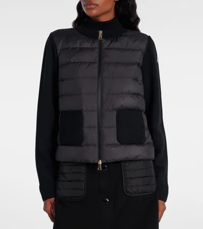 Moncler Wool And Quilted Shell Down Cardigan In Black
