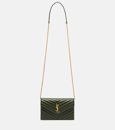 Saint Laurent Cassandre Envelope Leather Wallet On Chain In Green