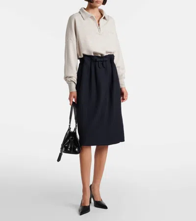 Prada Chevron Pleated Virgin Wool Midi Skirt In Blue