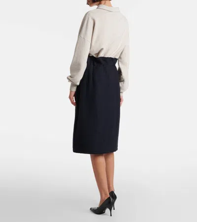 Prada Chevron Pleated Virgin Wool Midi Skirt In Blue