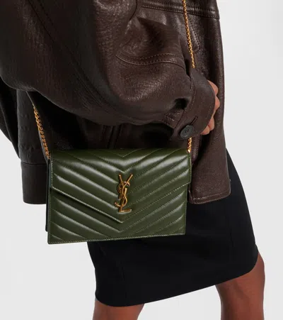 Saint Laurent Cassandre Envelope Leather Wallet On Chain In Green
