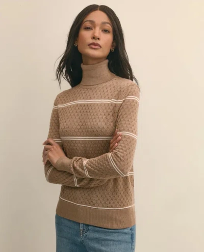 Brooks Brothers Merino Wool Striped Pointelle Turtleneck Sweater In Brown