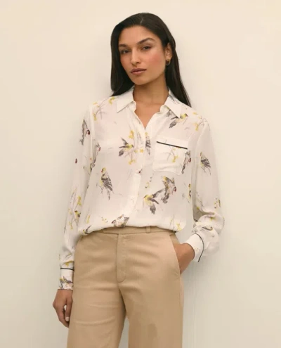 Brooks Brothers Crepe Tipped Soft Blouse In Bird Print In Multi