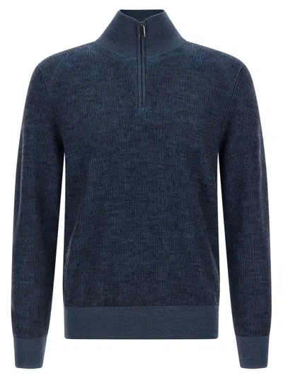 Brioni High Collar Long Sleeve Knit Pullover In Blue