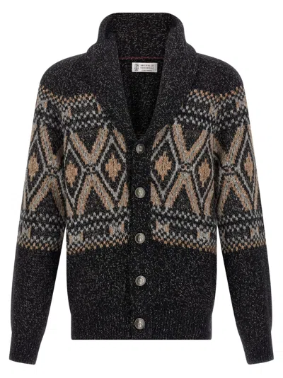 Brunello Cucinelli Geometric Jacquard Cardigan Sweaters And Cardigans Multicolor In Gray
