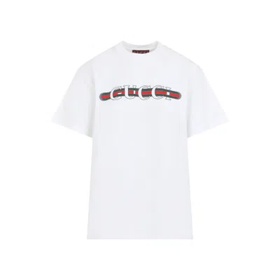 Gucci Women White Crewneck T-shirt Wth Web Print With Logo Lettering On The Front In Cotton Woman