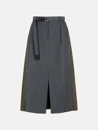 Sacai Pleated Skirt With Belt And Stripes In Gray