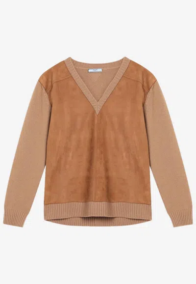 Prada Wool And Suede V-neck Sweater In Brown