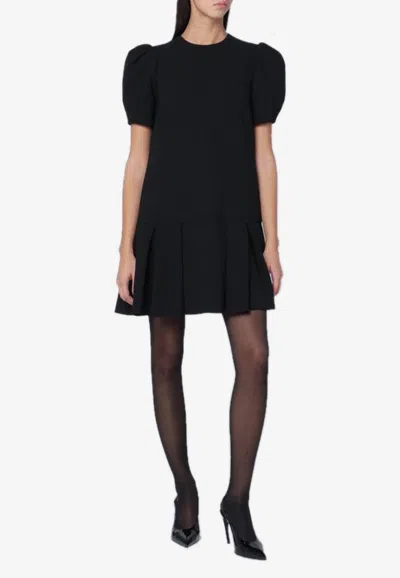 Moschino Twill Dress With Pleated Skirt And Puff Sleeves In Black