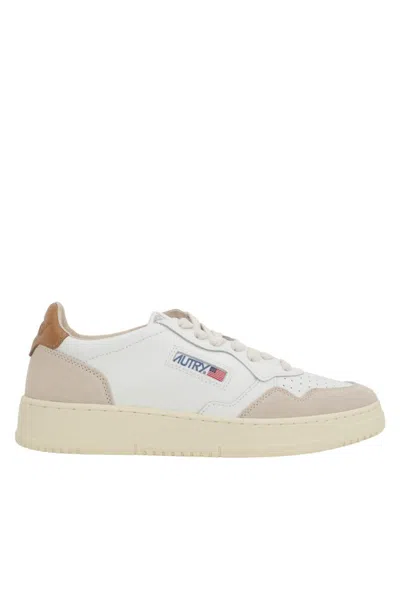 Autry Medalist White Low Top Sneakers With Beige Suede Details In Leather Man In Animal Print