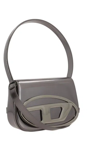 Diesel 1dr Silver-tone Shoulder Bag With Oval D Patch In Lamintaed Leather Woman In Gray