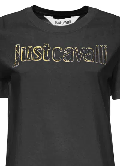 Roberto Cavalli Black T-shirt With Embroidered Logo In Blue