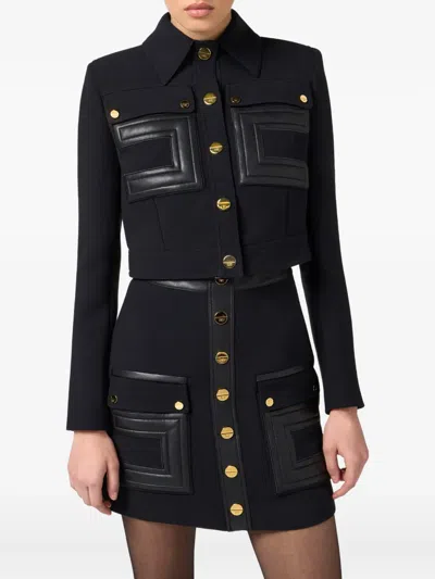 Elisabetta Franchi Jacket In Technical Fabric With Faux Leather Details In Black