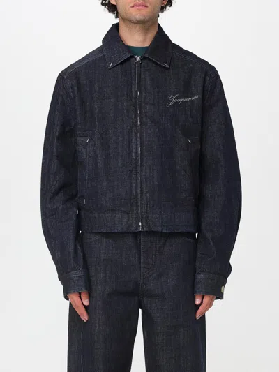 Jacquemus Dark Indigo Denim Jacket With Front Zipper And Logo In Black