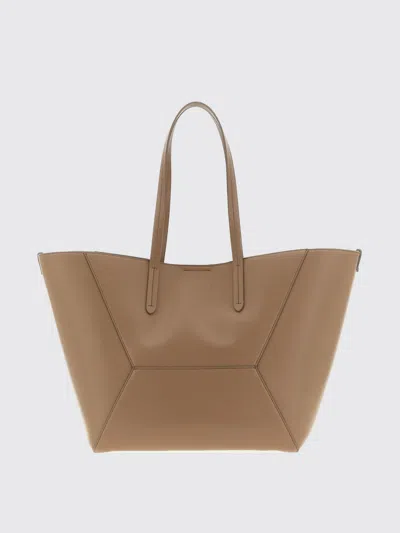 Brunello Cucinelli Beige Tote Bag With Logo Lettering On The Front And Geometric Panels Design In Leather Woman In Neutral