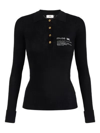 Elisabetta Franchi Collared Top With Ribbed Texture And Sleeves In Black