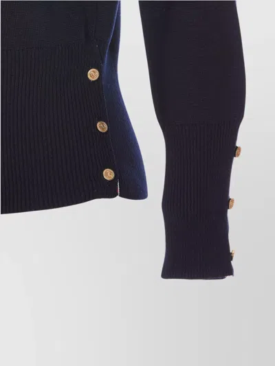 Thom Browne Textured Knit Sweater With Striped Detailing And Decorative Buttons In Black