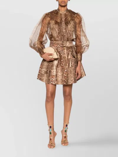Zimmermann Midi Skirt With Animal Print And Belt In Brown