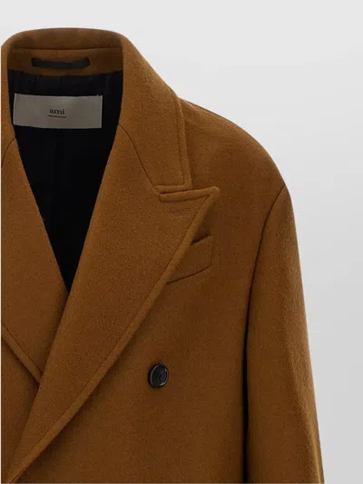 Ami Alexandre Mattiussi Double-breasted Coat Featuring Back Vent And Notched Lapels In Brown