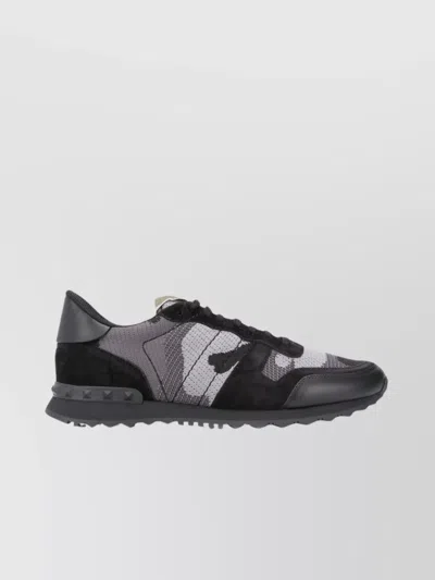 Valentino Garavani Mans Rockrunner Camouflage Noir Leather And Fabric Sneakers In Black