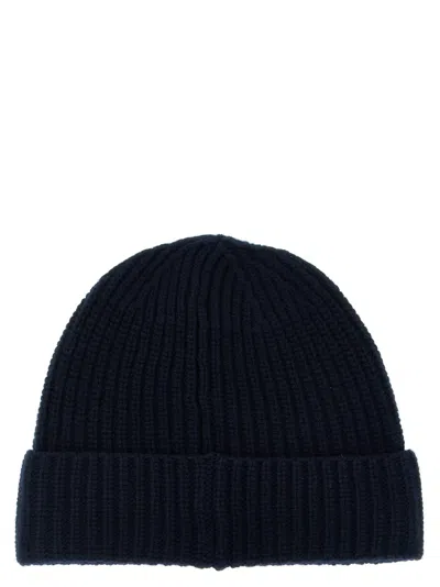 Stone Island Beanie With Compass Patch And Ribbed Cuff In Blue
