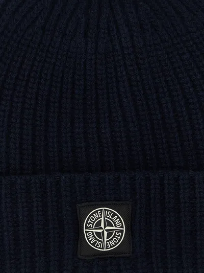 Stone Island Beanie With Compass Patch And Ribbed Cuff In Blue