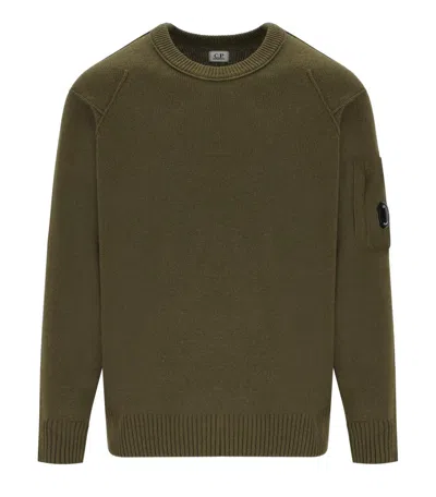 C.p. Company Green Crew Neck Sweater With Logo Plaque On The Sleeve In Cotton Man In Brown