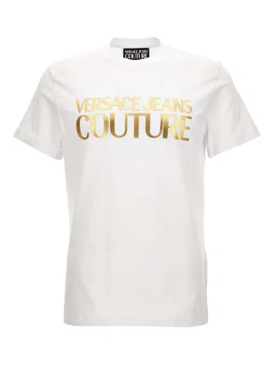 Versace Jeans Couture White Cotton T-shirt With Gold Lettering In Neutral