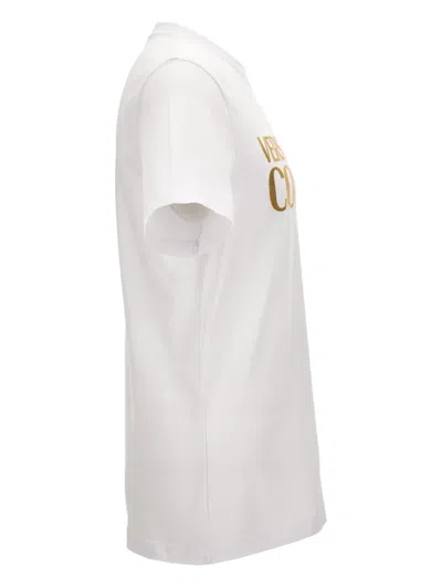 Versace Jeans Couture White Cotton T-shirt With Gold Lettering In Neutral