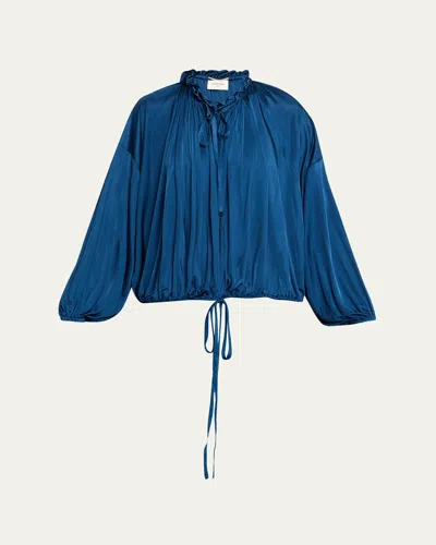 Saint Laurent Ruffle Collar Drawstring Satin Blouse In Blue