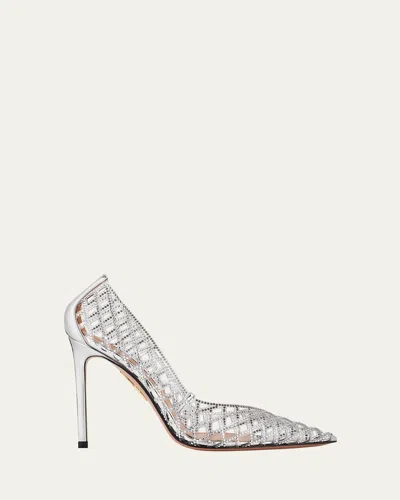Aquazzura Lumiere 105 Metallic Leather-trimmed Crystal-embellished Cutout Pvc Pumps In Silver