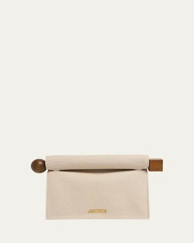 Jacquemus Rectangular Clutch Bag Wooden Handle In Neutral