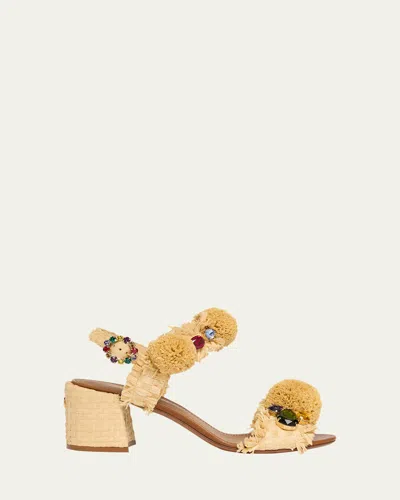Dolce & Gabbana Raffia Pom Pom Gem Block-heel Sandals In Neutral