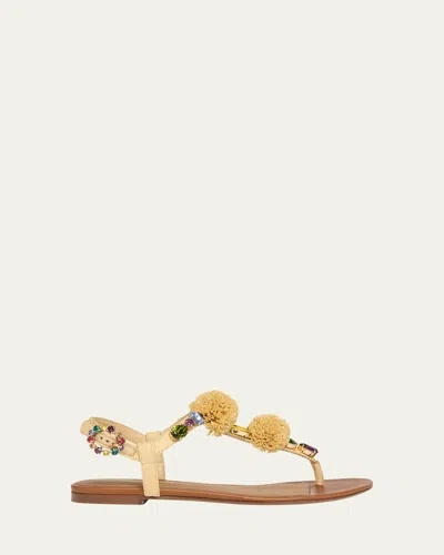 Dolce & Gabbana Raffia Pom Pom Gem Thong Sandals In Multi