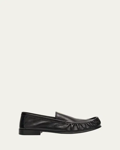 Miu Miu Ruched Leather Mocassin Loafers In Black