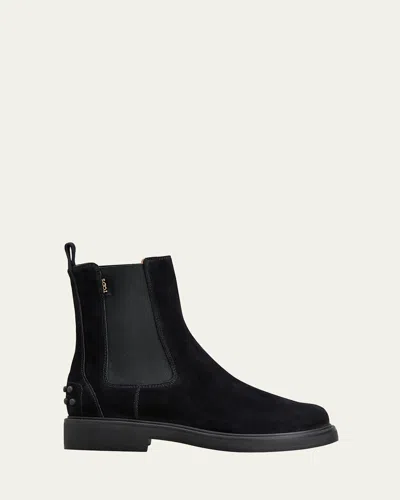 Tod's Suede Ankle Boots With Round Toe And Elastic Inserts In Black
