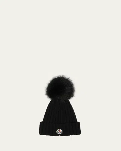 Moncler Ribbed Knit Wool Beanie With Faux Fur Pom-pom In Black