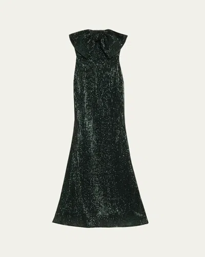 Badgley Mischka Strapless Bow-front Sequin Gown In Green