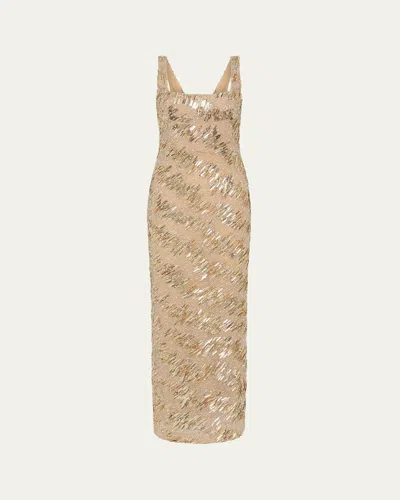 Rachel Gilbert Marcel Embellished Sleeveless Column Gown In Neutral
