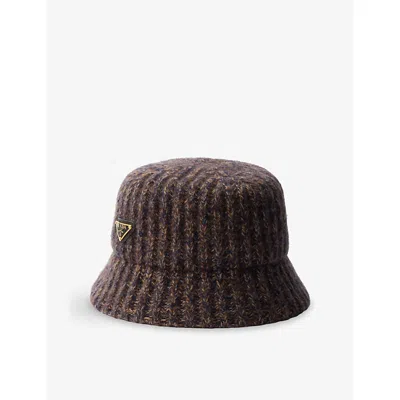 Prada Womens Blue Melange Knitted Wool Bucket Hat In Brown