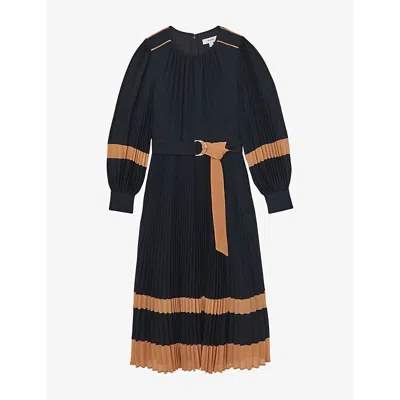Reiss Womens Navy Camel Tori Colour-block Woven Midi Dress In Multi