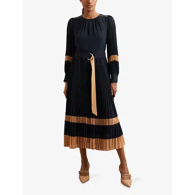 Reiss Womens Navy Camel Tori Colour-block Woven Midi Dress In Multi