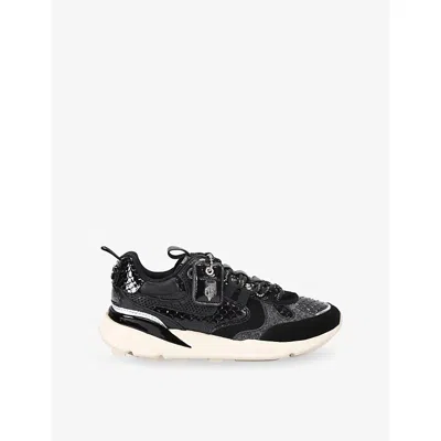 Kurt Geiger Kurt Runner Snake-embossed Mesh Sneakers In Black