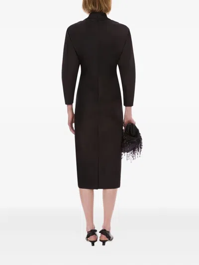 Alberta Ferretti Slit Back Fitted High Neck Midi Dress In Brown