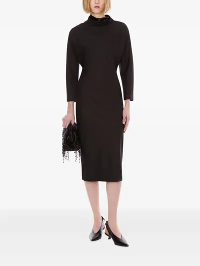 Alberta Ferretti Slit Back Fitted High Neck Midi Dress In Brown