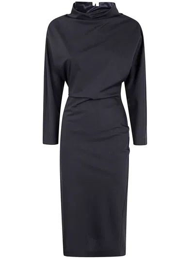 Alberta Ferretti Slit Back Fitted High Neck Midi Dress In Brown