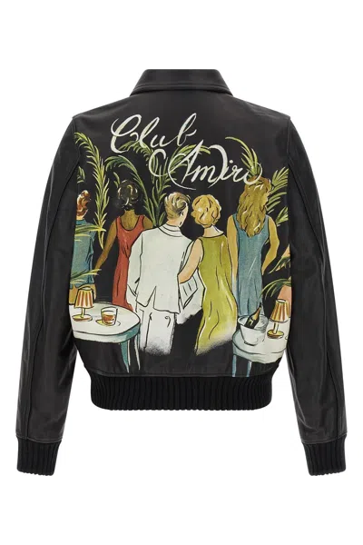Amiri Graphic Print Leather Jacket With Collared Neck In Brown