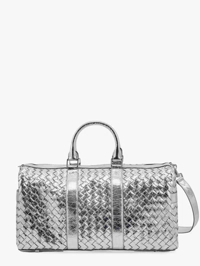 Bottega Veneta Men Silver Leather Duffle Bag With Intrecciato Motif In Multi