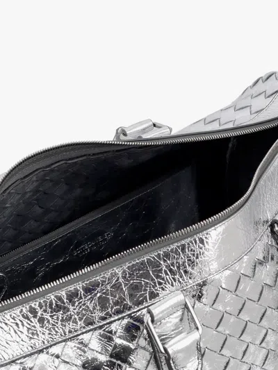Bottega Veneta Men Silver Leather Duffle Bag With Intrecciato Motif In Multi