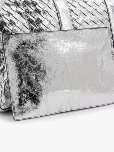 Bottega Veneta Men Silver Leather Duffle Bag With Intrecciato Motif In Multi